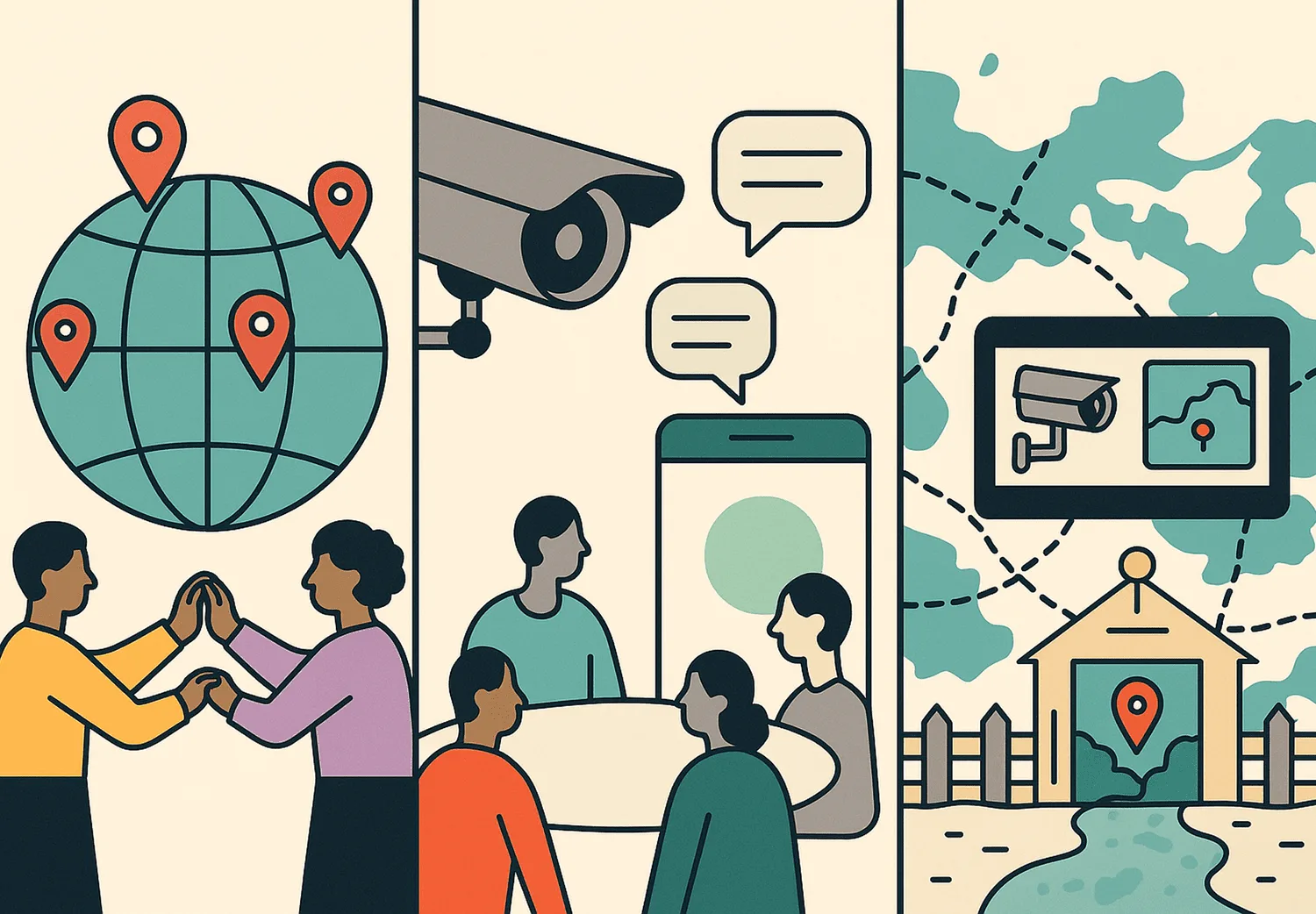 Illustration of cameras and map pins used in physical security planning