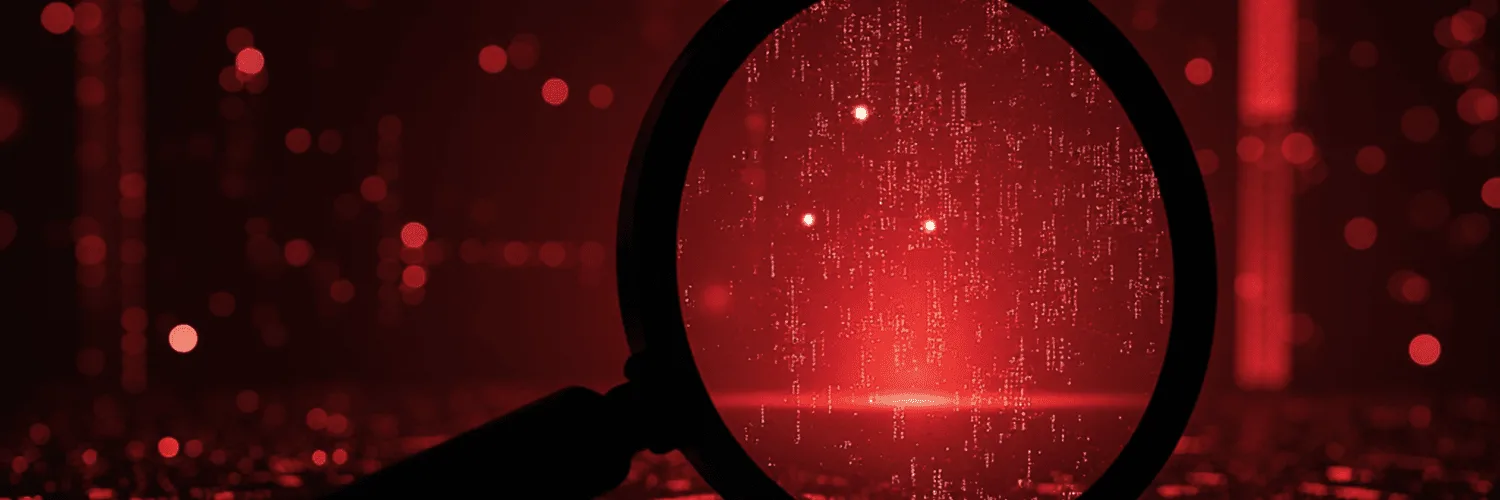 A magnifying glass held over streams of falling data