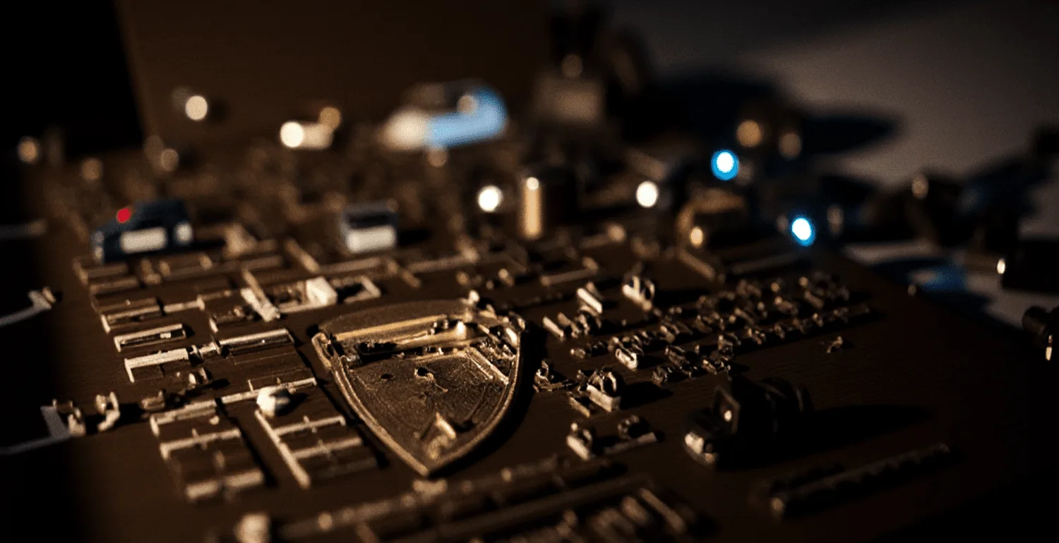 A law enforcement badge among equipment on a dark desk