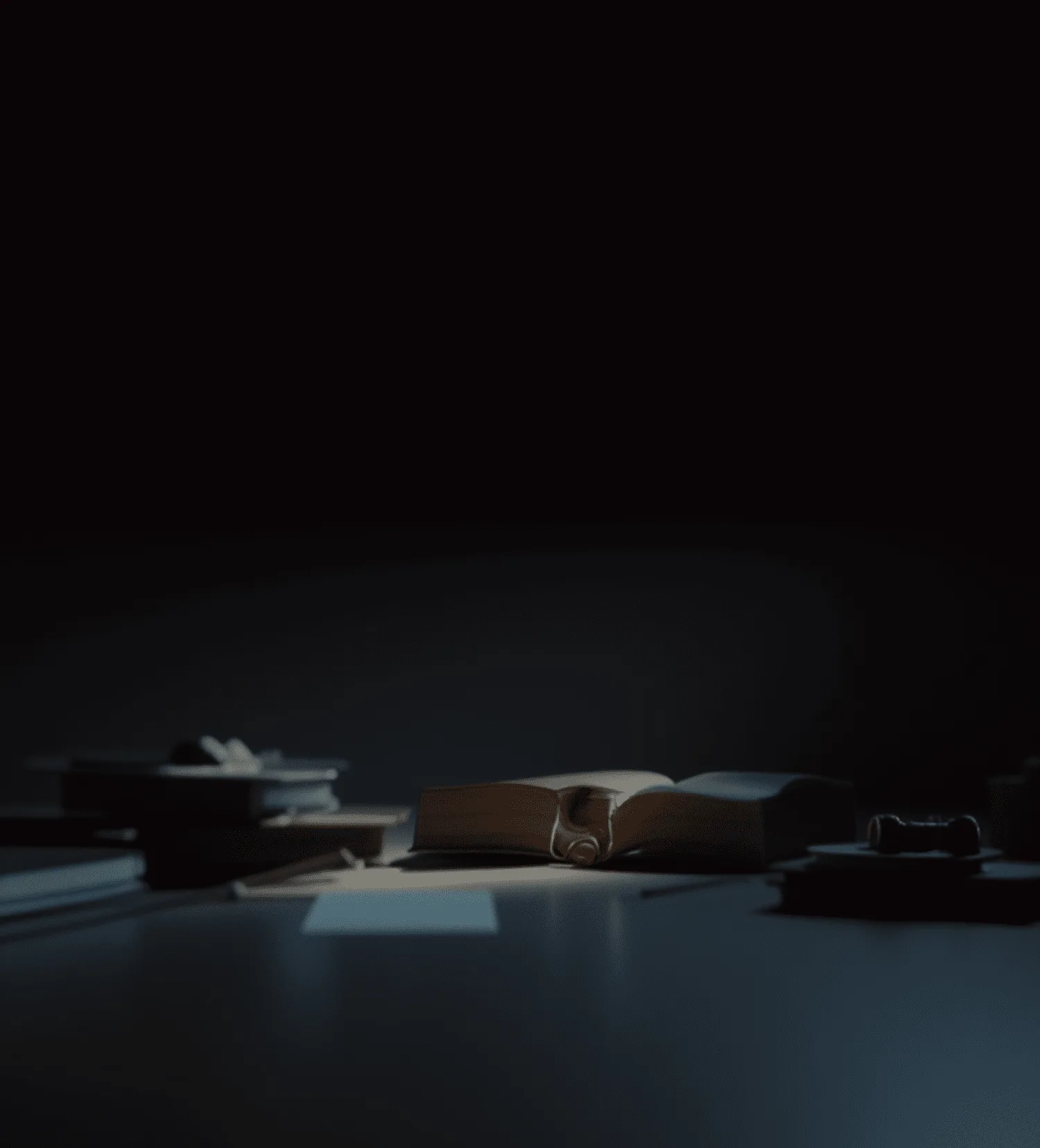 Dim desk of legal files supporting litigation intelligence and investigations