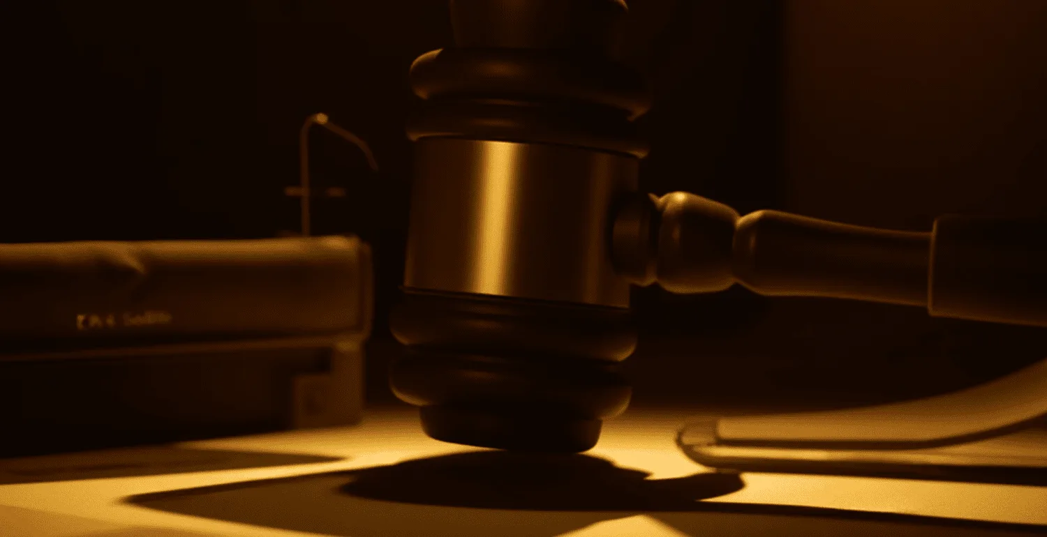 A judge's gavel resting on paperwork under a low warm light