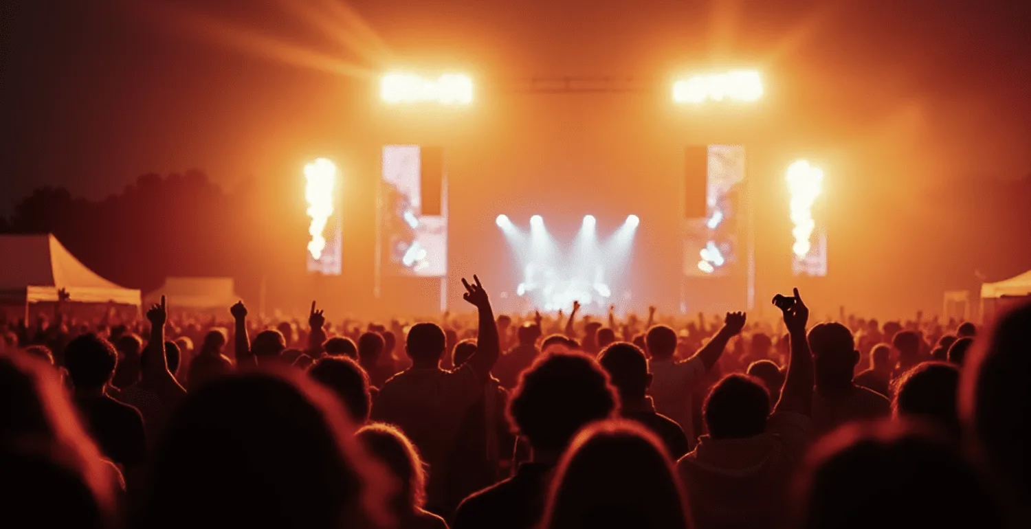 A crowd silhouetted against a floodlit stage at an outdoor night concert