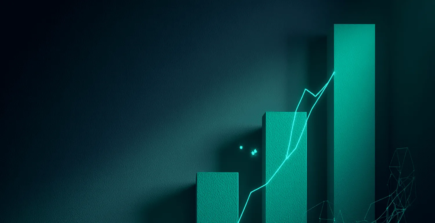 A rising bar chart with a trend line climbing across it