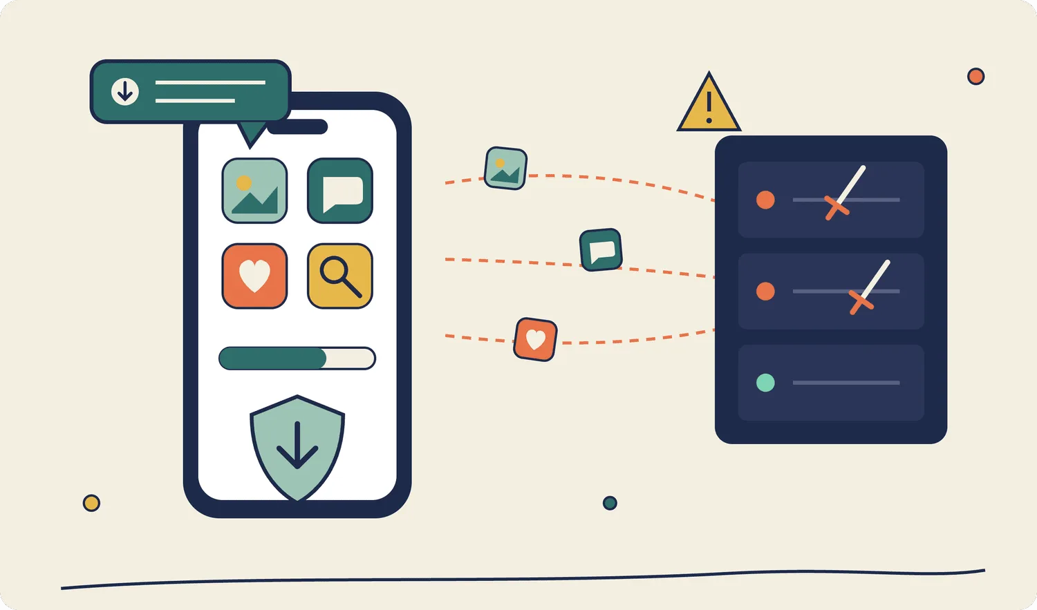A phone downloading an update while its app data flows to a rack of servers marked with crossed swords and a warning sign