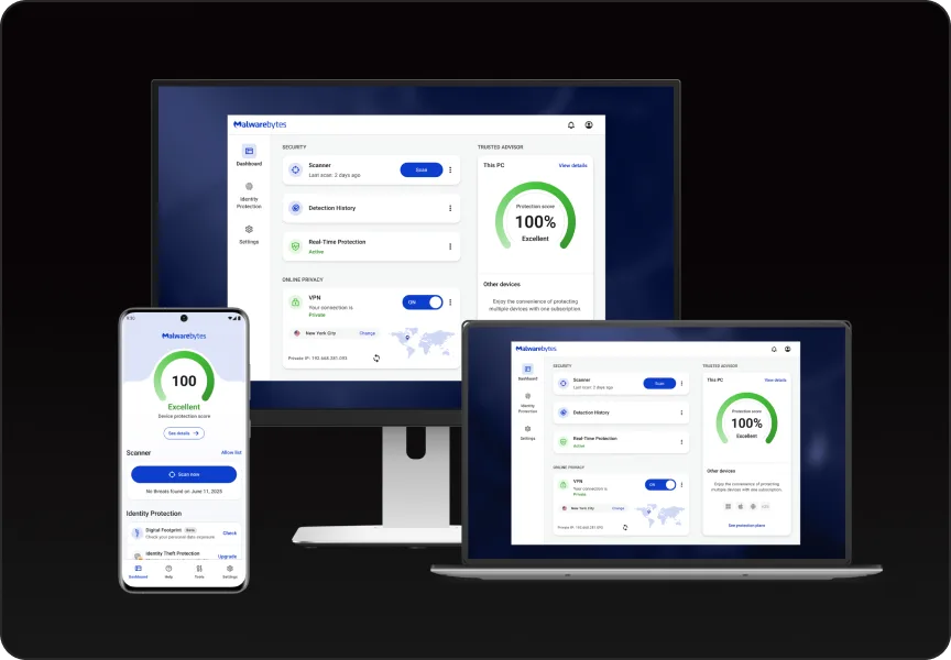 Security dashboard across phone, laptop and desktop showing full protection